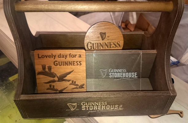 Guinness Storehouse, laser-engraved wooden bar tidy, wooden drink mats, perspex leaflet holders