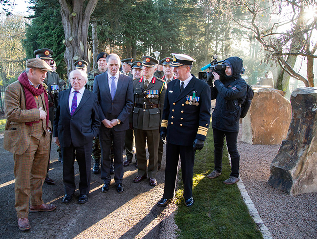 President Higgins visits the Curragh Camp's 1916 Commemoration memorials to the Easter Rising leaders.